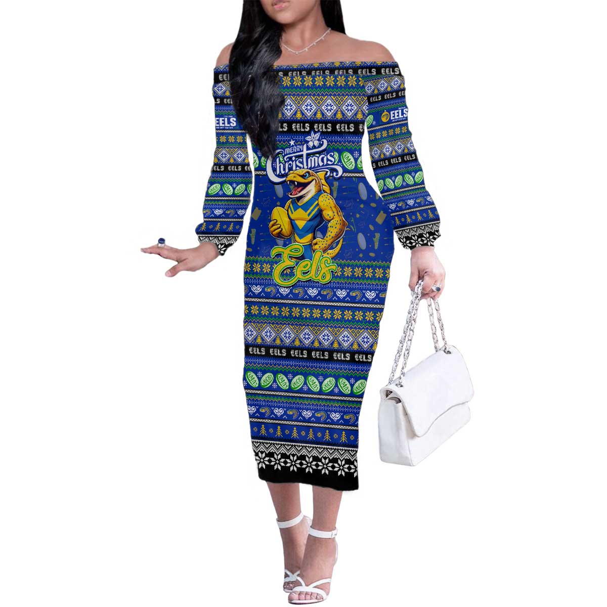 Personalized Eels Rugby Xmas Family Matching Off The Shoulder Long Sleeve Dress and Hawaiian Shirt Australia NRL Mascot
