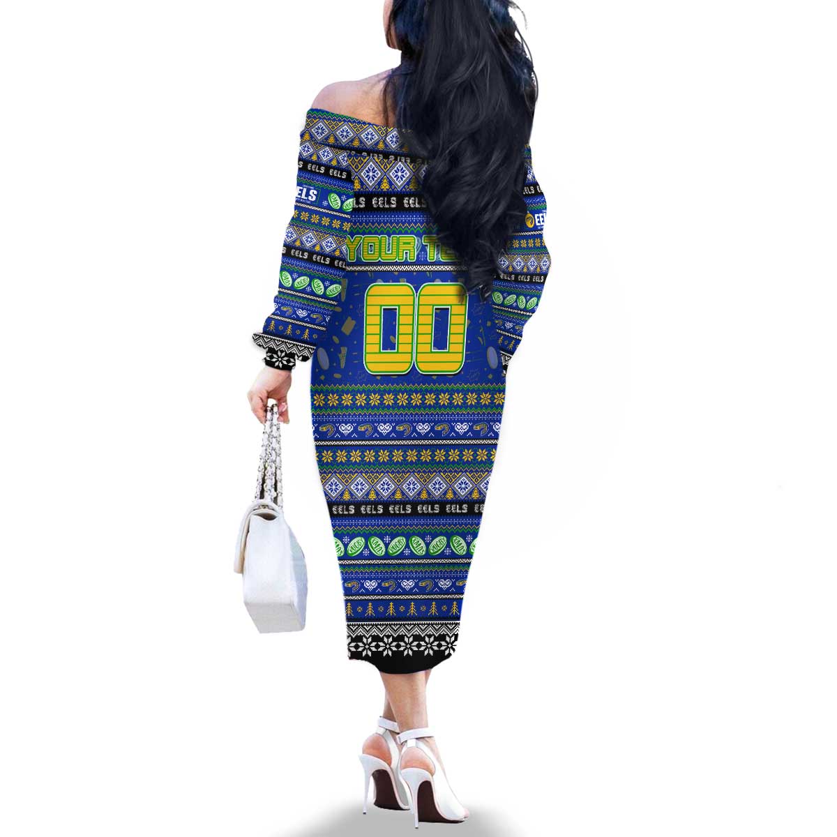 Personalized Eels Rugby Xmas Family Matching Off The Shoulder Long Sleeve Dress and Hawaiian Shirt Australia NRL Mascot