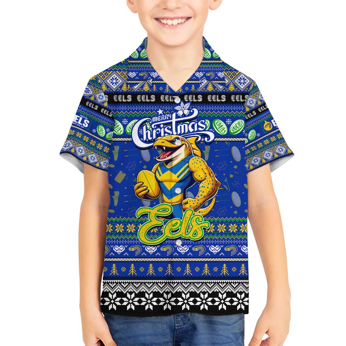 Personalized Eels Rugby Xmas Family Matching Off The Shoulder Long Sleeve Dress and Hawaiian Shirt Australia NRL Mascot