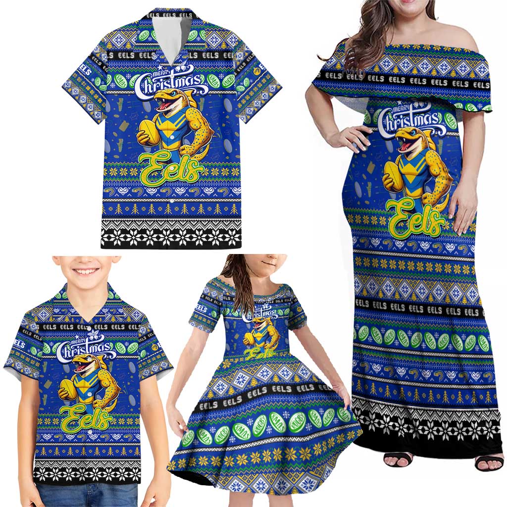 Personalized Eels Rugby Xmas Family Matching Off Shoulder Maxi Dress and Hawaiian Shirt Australia NRL Mascot