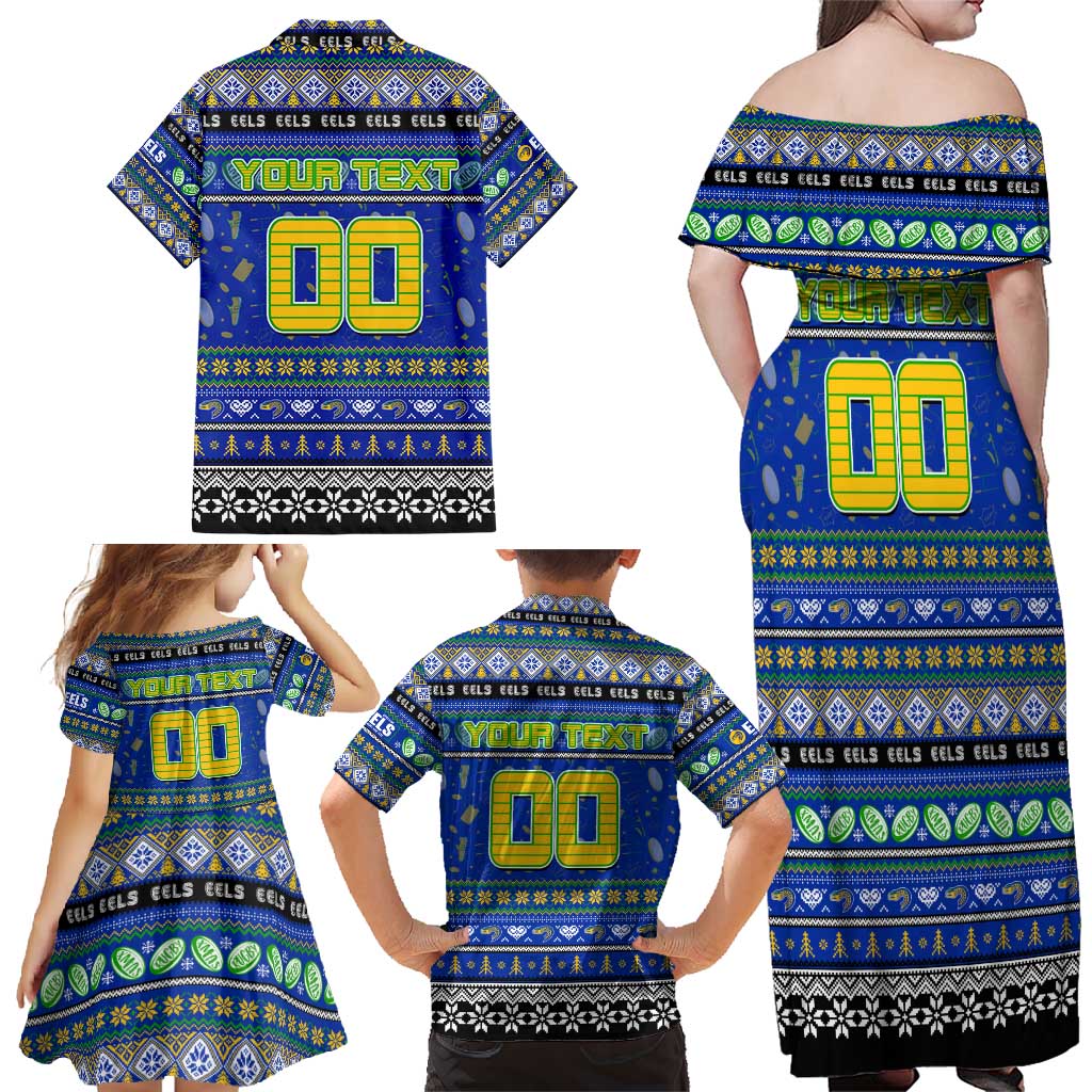 Personalized Eels Rugby Xmas Family Matching Off Shoulder Maxi Dress and Hawaiian Shirt Australia NRL Mascot