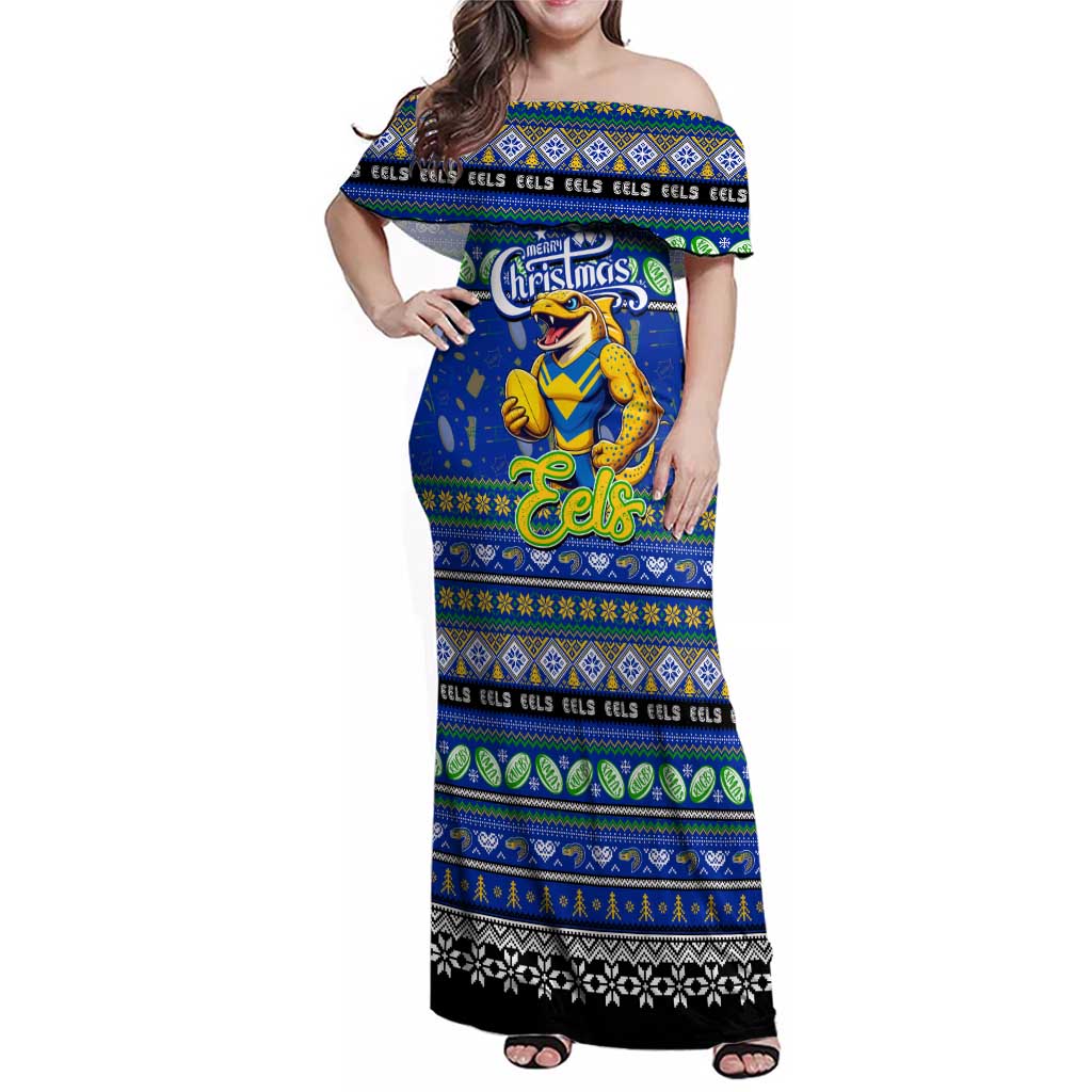 Personalized Eels Rugby Xmas Family Matching Off Shoulder Maxi Dress and Hawaiian Shirt Australia NRL Mascot