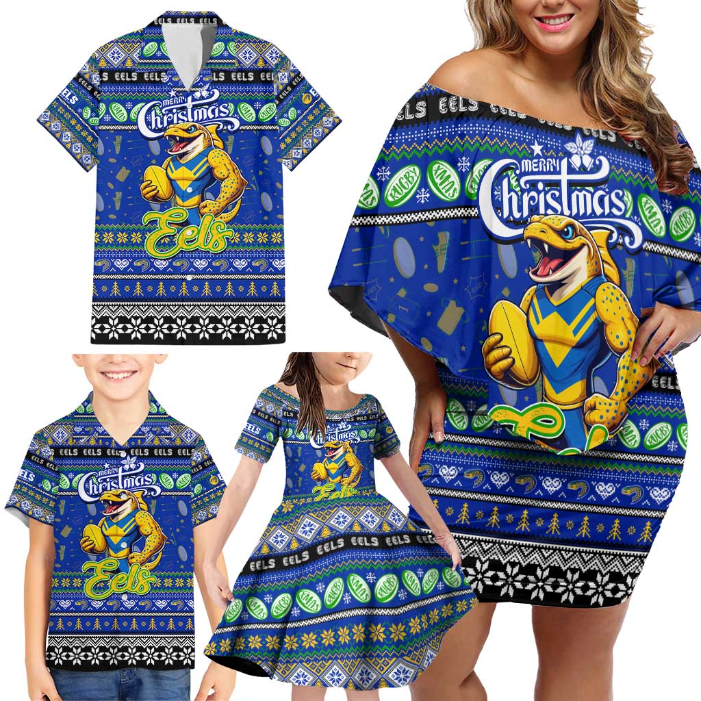 Personalized Eels Rugby Xmas Family Matching Off Shoulder Short Dress and Hawaiian Shirt Australia NRL Mascot
