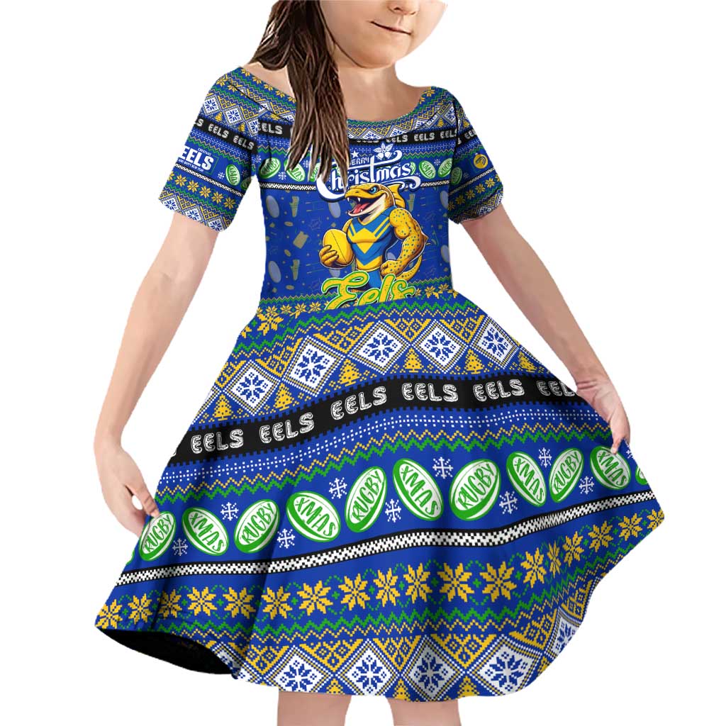 Personalized Eels Rugby Xmas Family Matching Off Shoulder Short Dress and Hawaiian Shirt Australia NRL Mascot