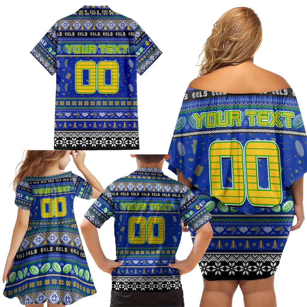 Personalized Eels Rugby Xmas Family Matching Off Shoulder Short Dress and Hawaiian Shirt Australia NRL Mascot