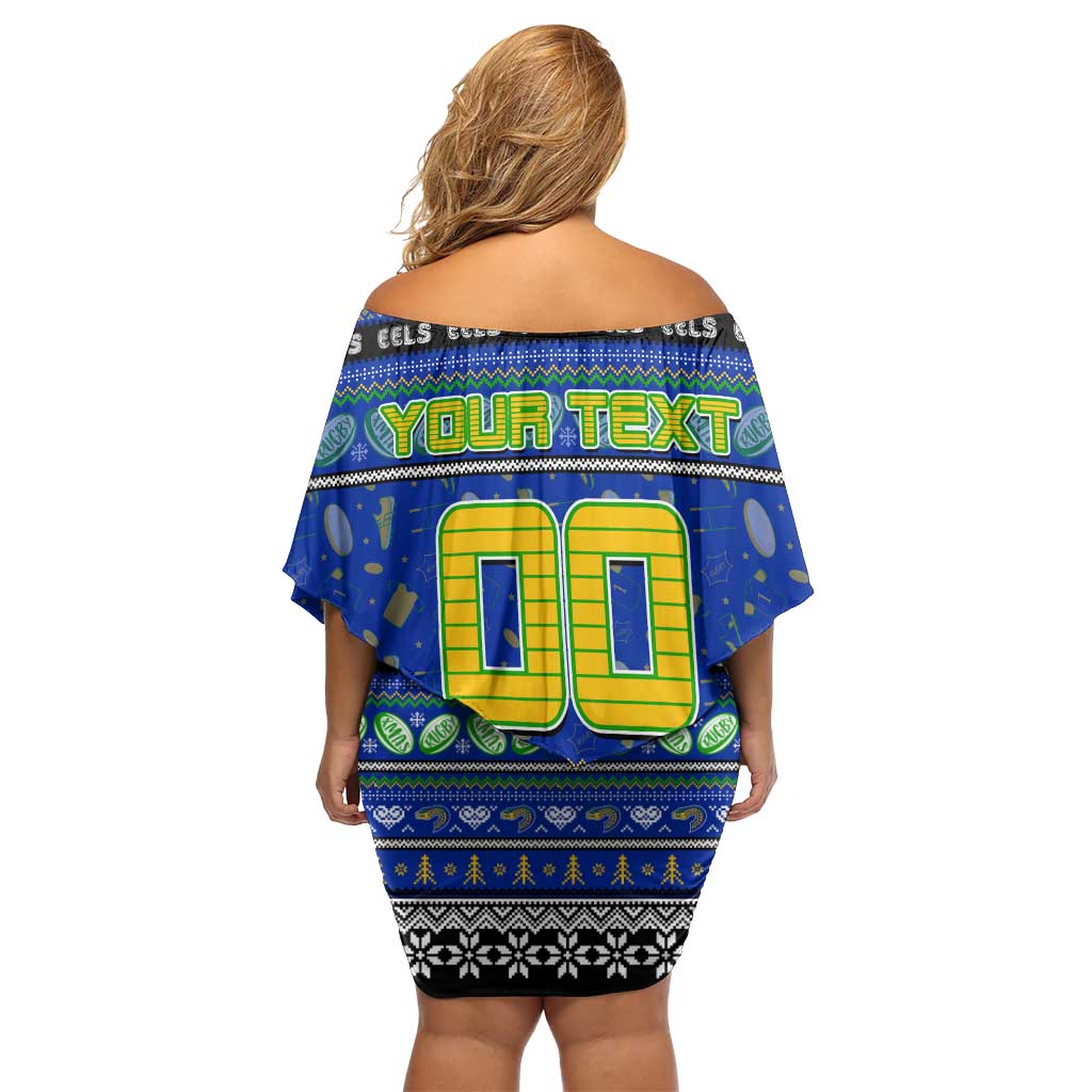Personalized Eels Rugby Xmas Family Matching Off Shoulder Short Dress and Hawaiian Shirt Australia NRL Mascot