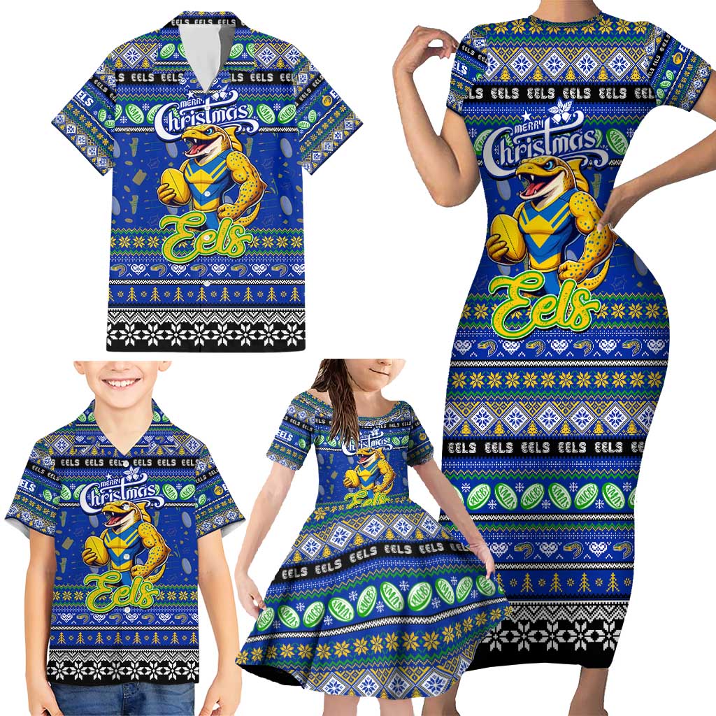Personalized Eels Rugby Xmas Family Matching Short Sleeve Bodycon Dress and Hawaiian Shirt Australia NRL Mascot