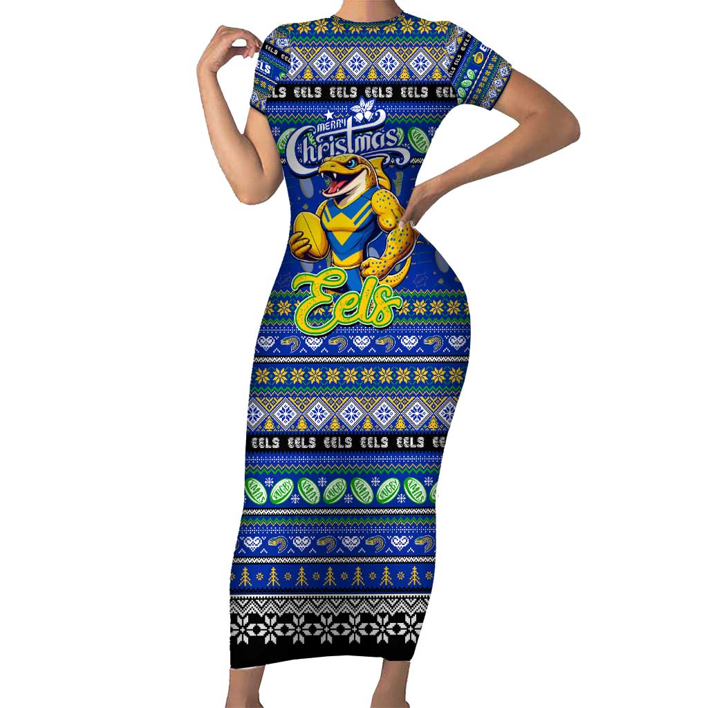 Personalized Eels Rugby Xmas Family Matching Short Sleeve Bodycon Dress and Hawaiian Shirt Australia NRL Mascot