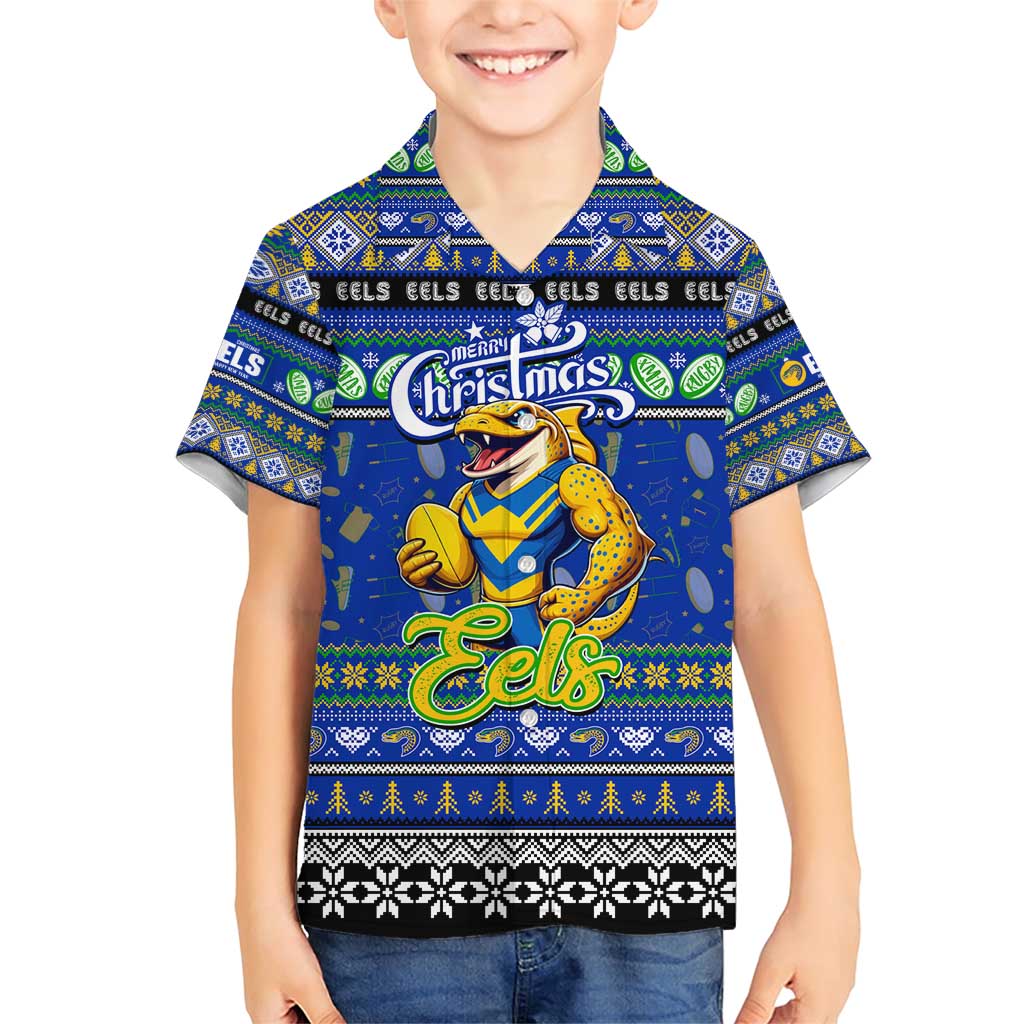 Personalized Eels Rugby Xmas Family Matching Short Sleeve Bodycon Dress and Hawaiian Shirt Australia NRL Mascot