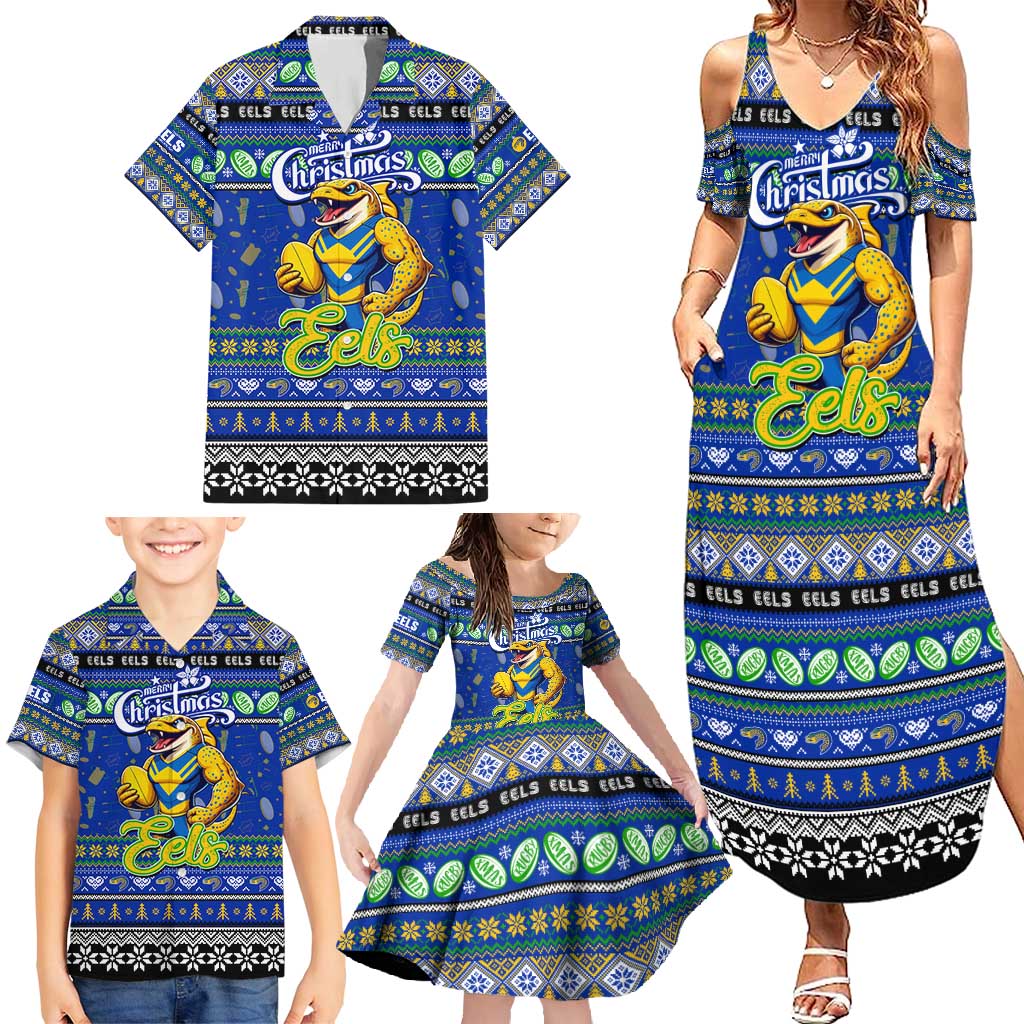 Personalized Eels Rugby Xmas Family Matching Summer Maxi Dress and Hawaiian Shirt Australia NRL Mascot