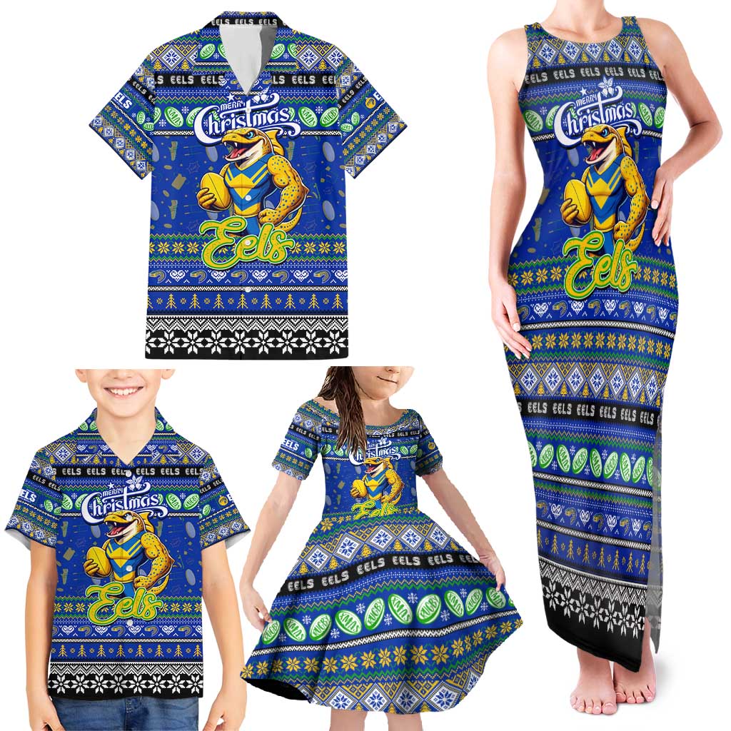 Personalized Eels Rugby Xmas Family Matching Tank Maxi Dress and Hawaiian Shirt Australia NRL Mascot