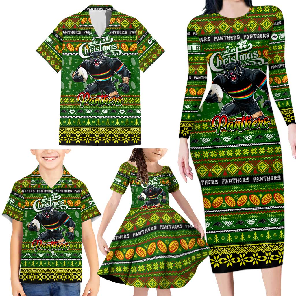 Personalized Panthers Rugby Xmas Family Matching Long Sleeve Bodycon Dress and Hawaiian Shirt Australia NRL Mascot