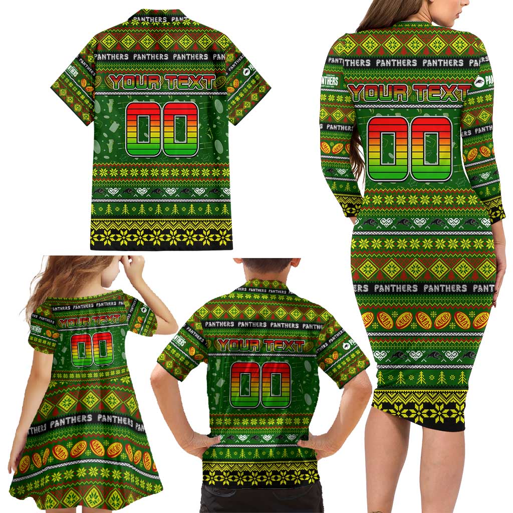 Personalized Panthers Rugby Xmas Family Matching Long Sleeve Bodycon Dress and Hawaiian Shirt Australia NRL Mascot