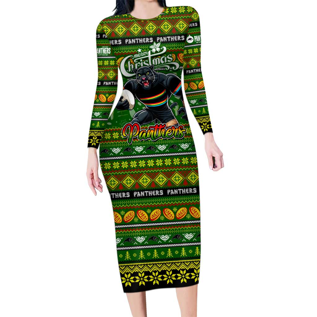 Personalized Panthers Rugby Xmas Family Matching Long Sleeve Bodycon Dress and Hawaiian Shirt Australia NRL Mascot