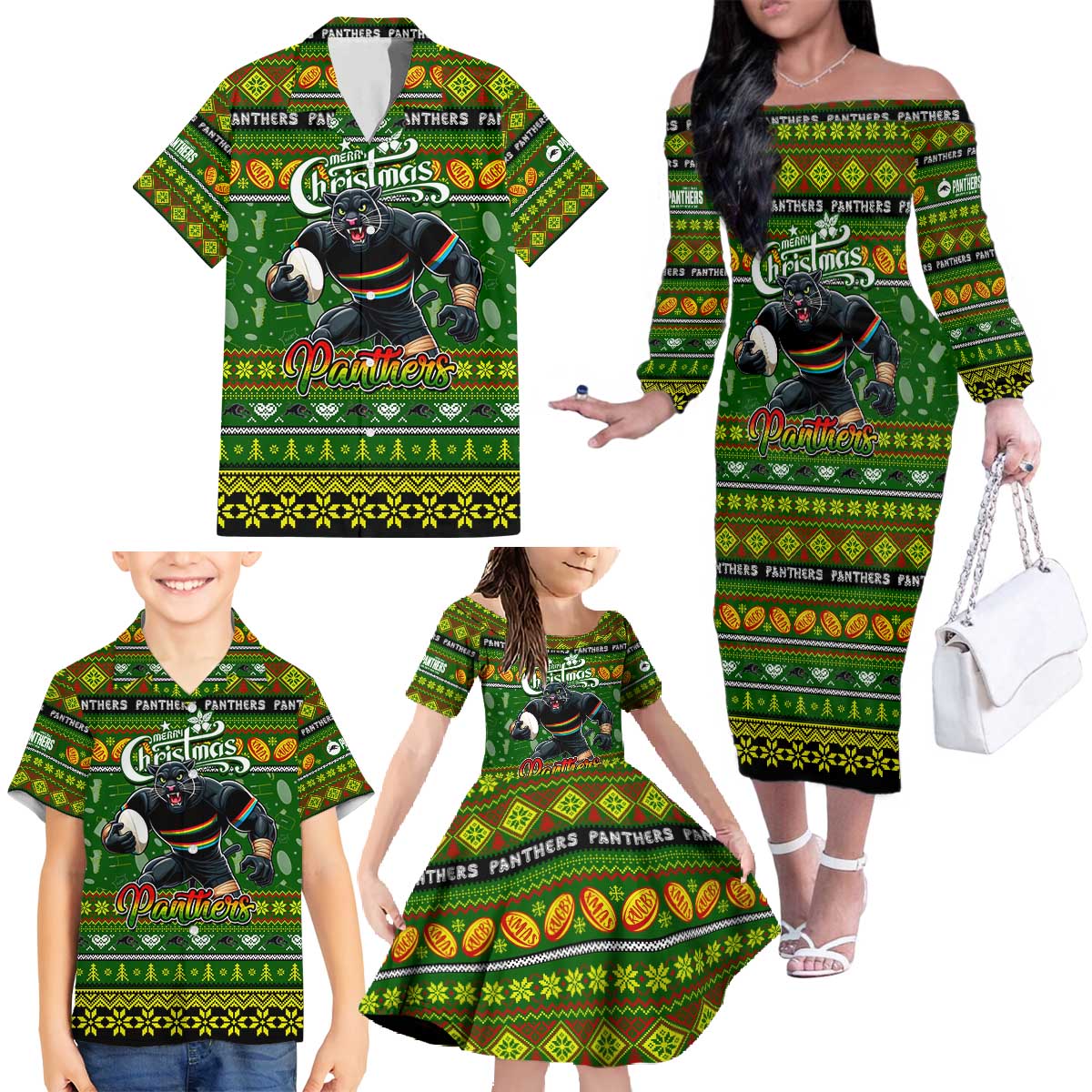 Personalized Panthers Rugby Xmas Family Matching Off The Shoulder Long Sleeve Dress and Hawaiian Shirt Australia NRL Mascot