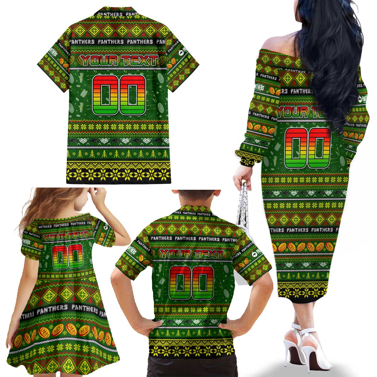 Personalized Panthers Rugby Xmas Family Matching Off The Shoulder Long Sleeve Dress and Hawaiian Shirt Australia NRL Mascot