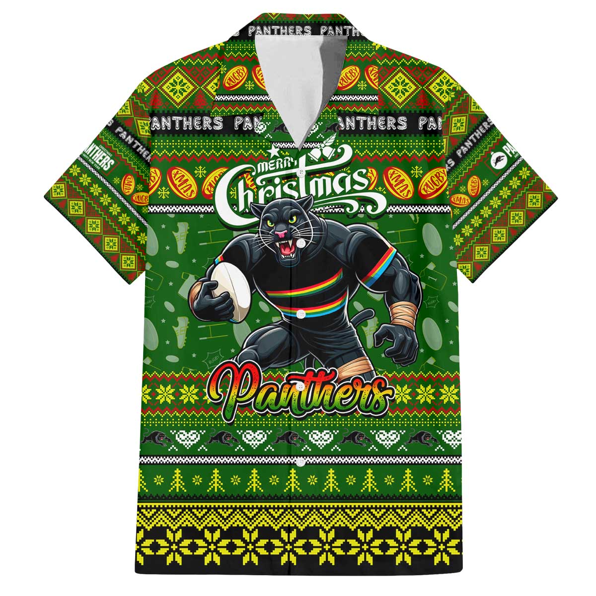 Personalized Panthers Rugby Xmas Family Matching Off The Shoulder Long Sleeve Dress and Hawaiian Shirt Australia NRL Mascot