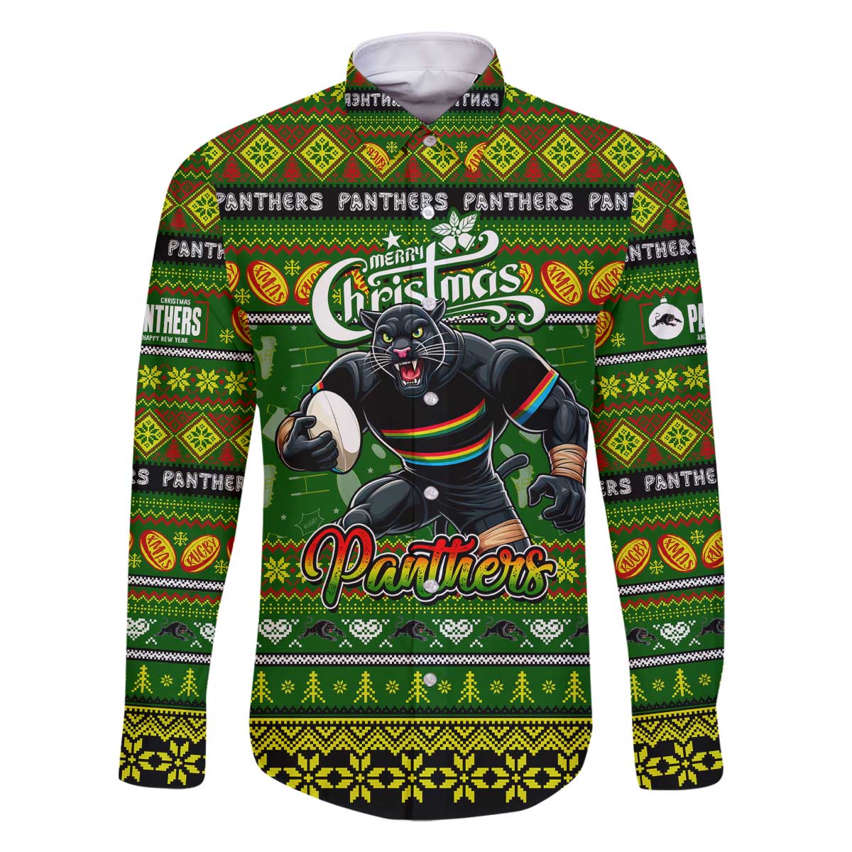 Personalized Panthers Rugby Xmas Family Matching Off The Shoulder Long Sleeve Dress and Hawaiian Shirt Australia NRL Mascot