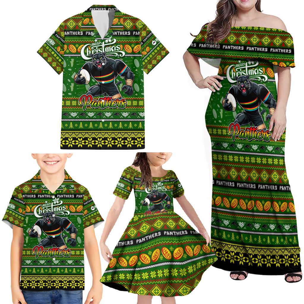 Personalized Panthers Rugby Xmas Family Matching Off Shoulder Maxi Dress and Hawaiian Shirt Australia NRL Mascot