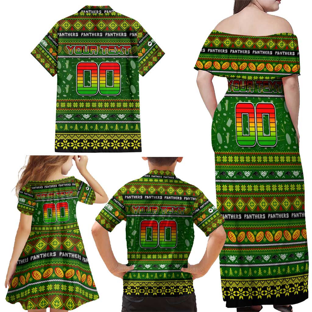 Personalized Panthers Rugby Xmas Family Matching Off Shoulder Maxi Dress and Hawaiian Shirt Australia NRL Mascot