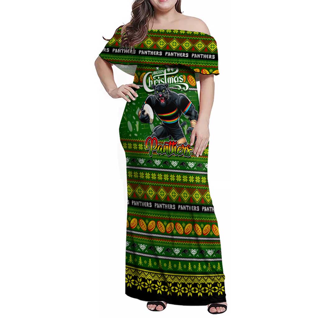 Personalized Panthers Rugby Xmas Family Matching Off Shoulder Maxi Dress and Hawaiian Shirt Australia NRL Mascot