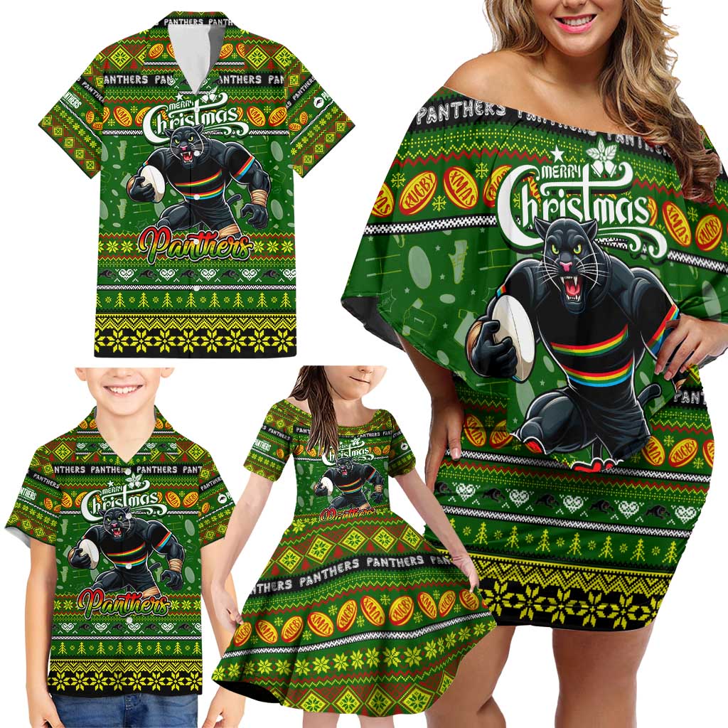 Personalized Panthers Rugby Xmas Family Matching Off Shoulder Short Dress and Hawaiian Shirt Australia NRL Mascot