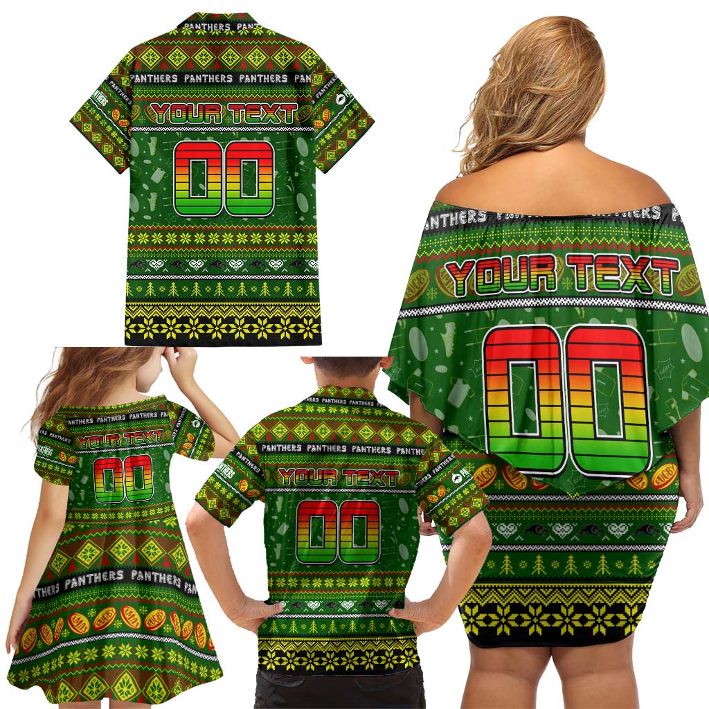 Personalized Panthers Rugby Xmas Family Matching Off Shoulder Short Dress and Hawaiian Shirt Australia NRL Mascot