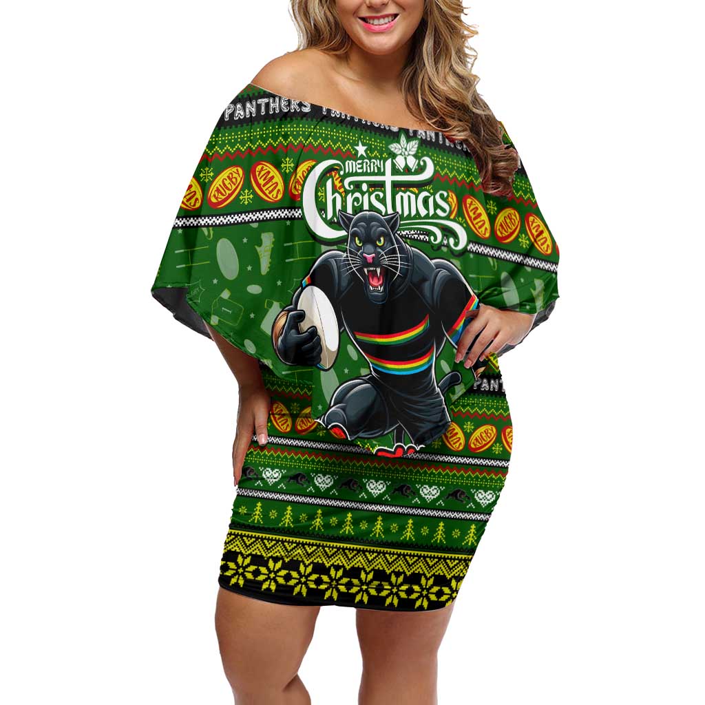 Personalized Panthers Rugby Xmas Family Matching Off Shoulder Short Dress and Hawaiian Shirt Australia NRL Mascot