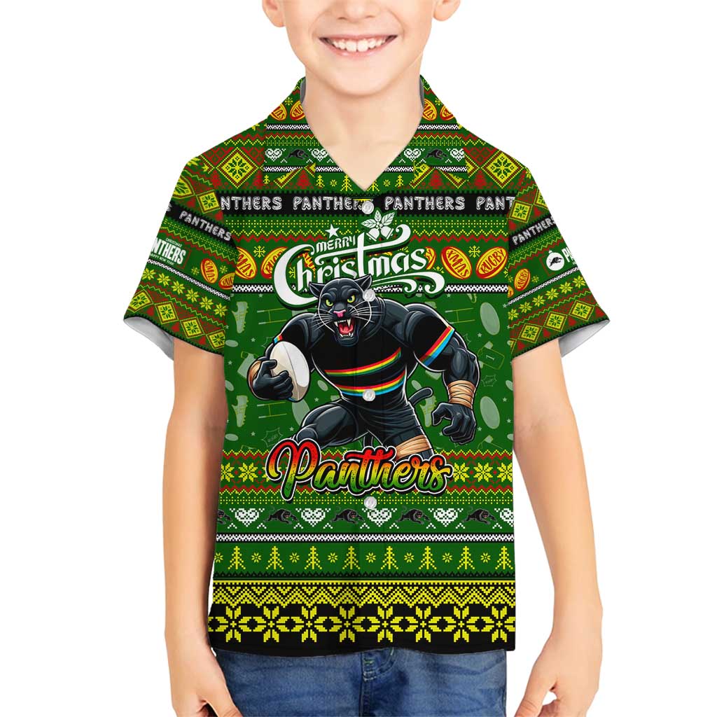 Personalized Panthers Rugby Xmas Family Matching Off Shoulder Short Dress and Hawaiian Shirt Australia NRL Mascot