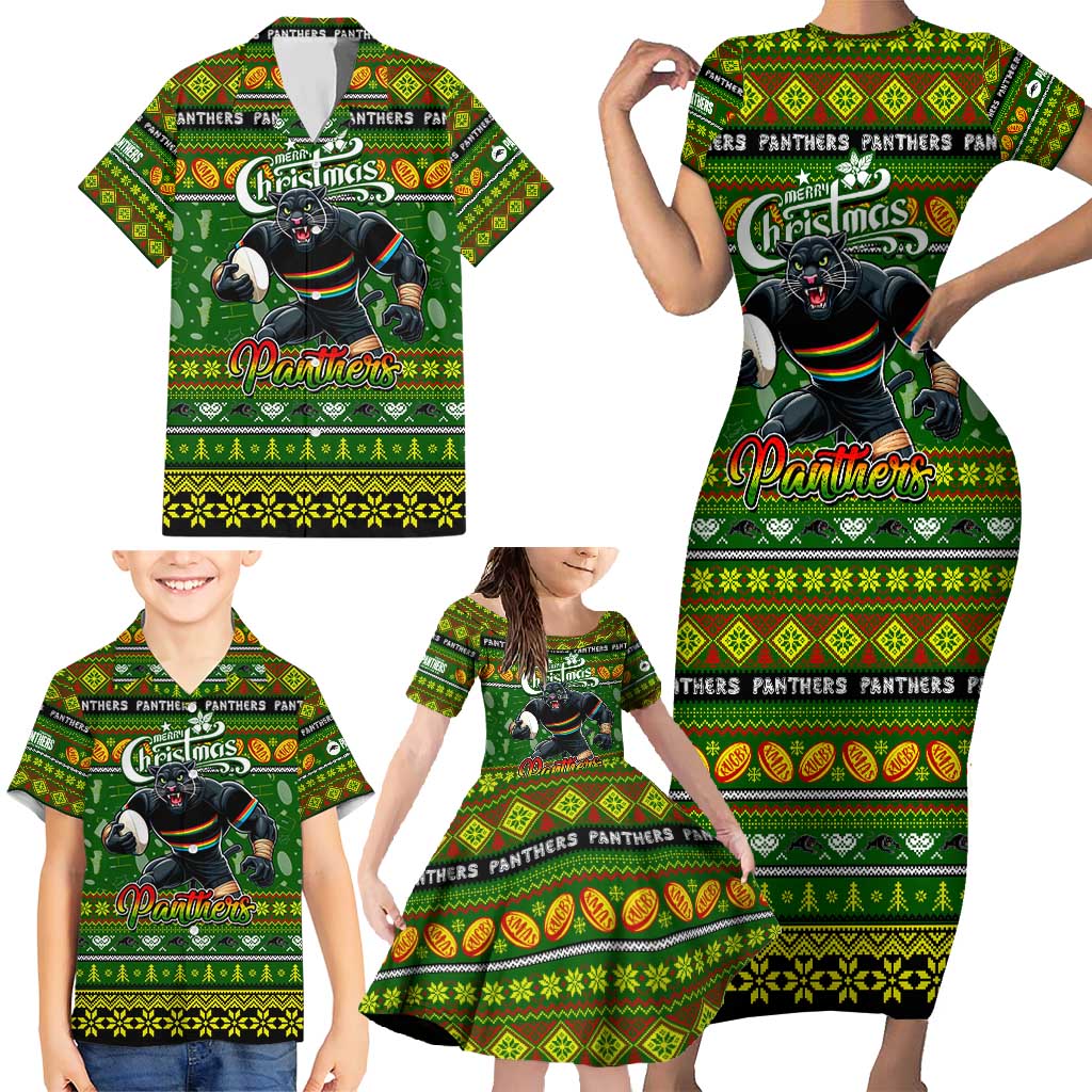 Personalized Panthers Rugby Xmas Family Matching Short Sleeve Bodycon Dress and Hawaiian Shirt Australia NRL Mascot