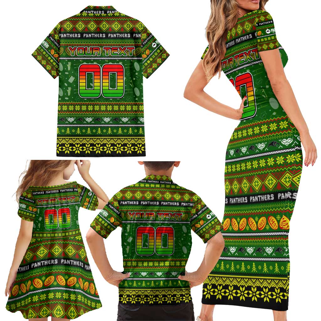 Personalized Panthers Rugby Xmas Family Matching Short Sleeve Bodycon Dress and Hawaiian Shirt Australia NRL Mascot