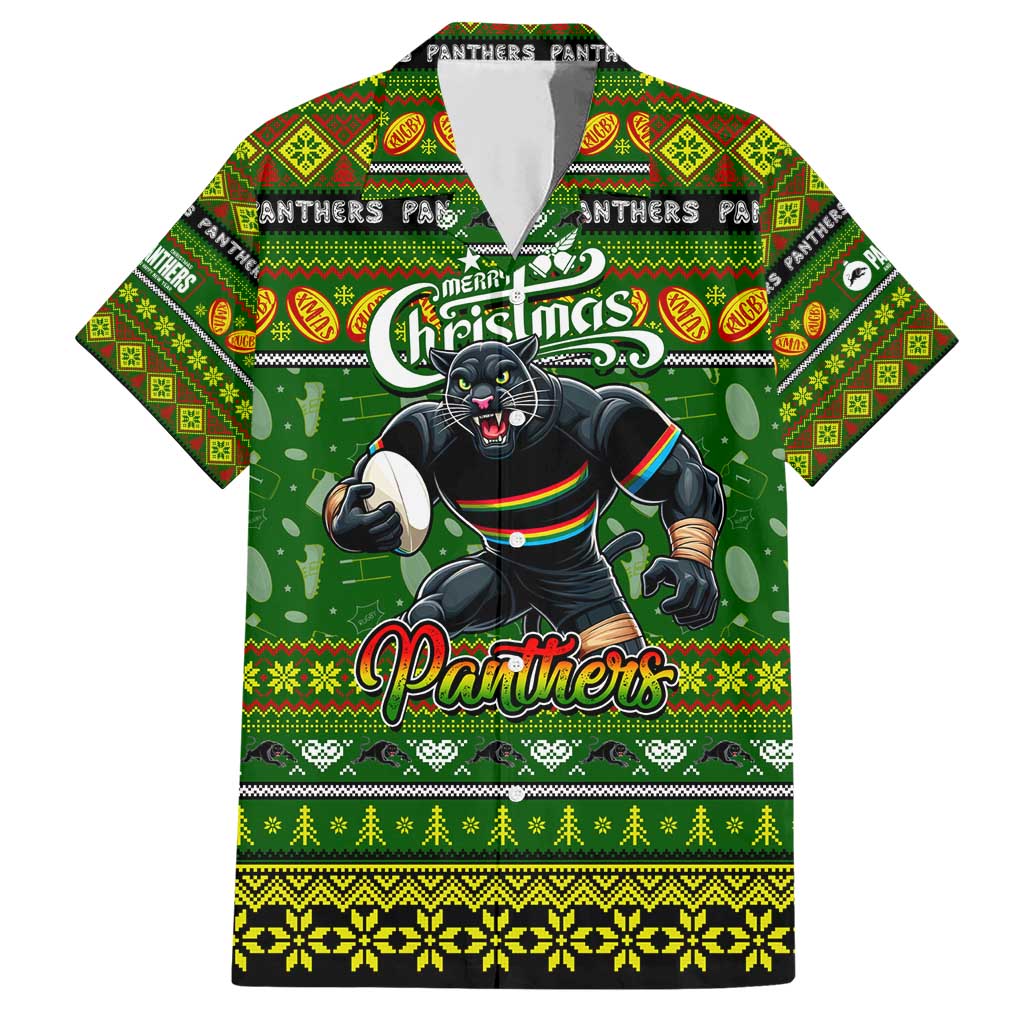 Personalized Panthers Rugby Xmas Family Matching Short Sleeve Bodycon Dress and Hawaiian Shirt Australia NRL Mascot