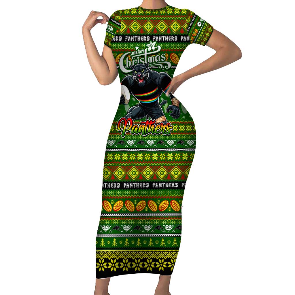 Personalized Panthers Rugby Xmas Family Matching Short Sleeve Bodycon Dress and Hawaiian Shirt Australia NRL Mascot