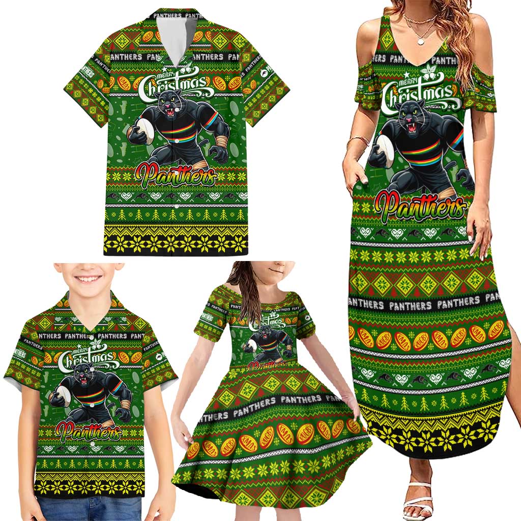 Personalized Panthers Rugby Xmas Family Matching Summer Maxi Dress and Hawaiian Shirt Australia NRL Mascot