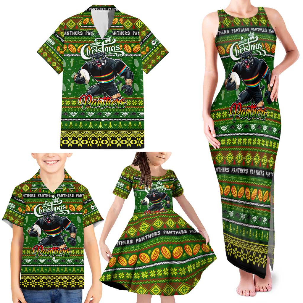 Personalized Panthers Rugby Xmas Family Matching Tank Maxi Dress and Hawaiian Shirt Australia NRL Mascot