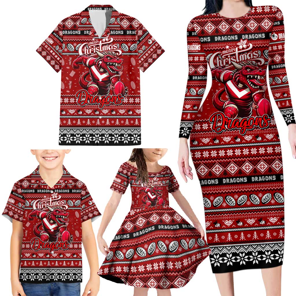 Personalized Dragons Rugby Xmas Family Matching Long Sleeve Bodycon Dress and Hawaiian Shirt Australia NRL Mascot