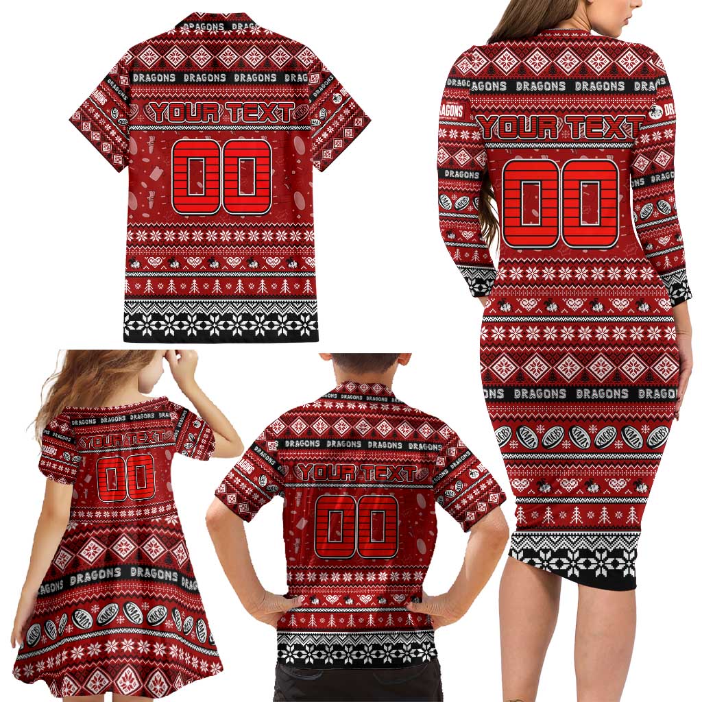 Personalized Dragons Rugby Xmas Family Matching Long Sleeve Bodycon Dress and Hawaiian Shirt Australia NRL Mascot