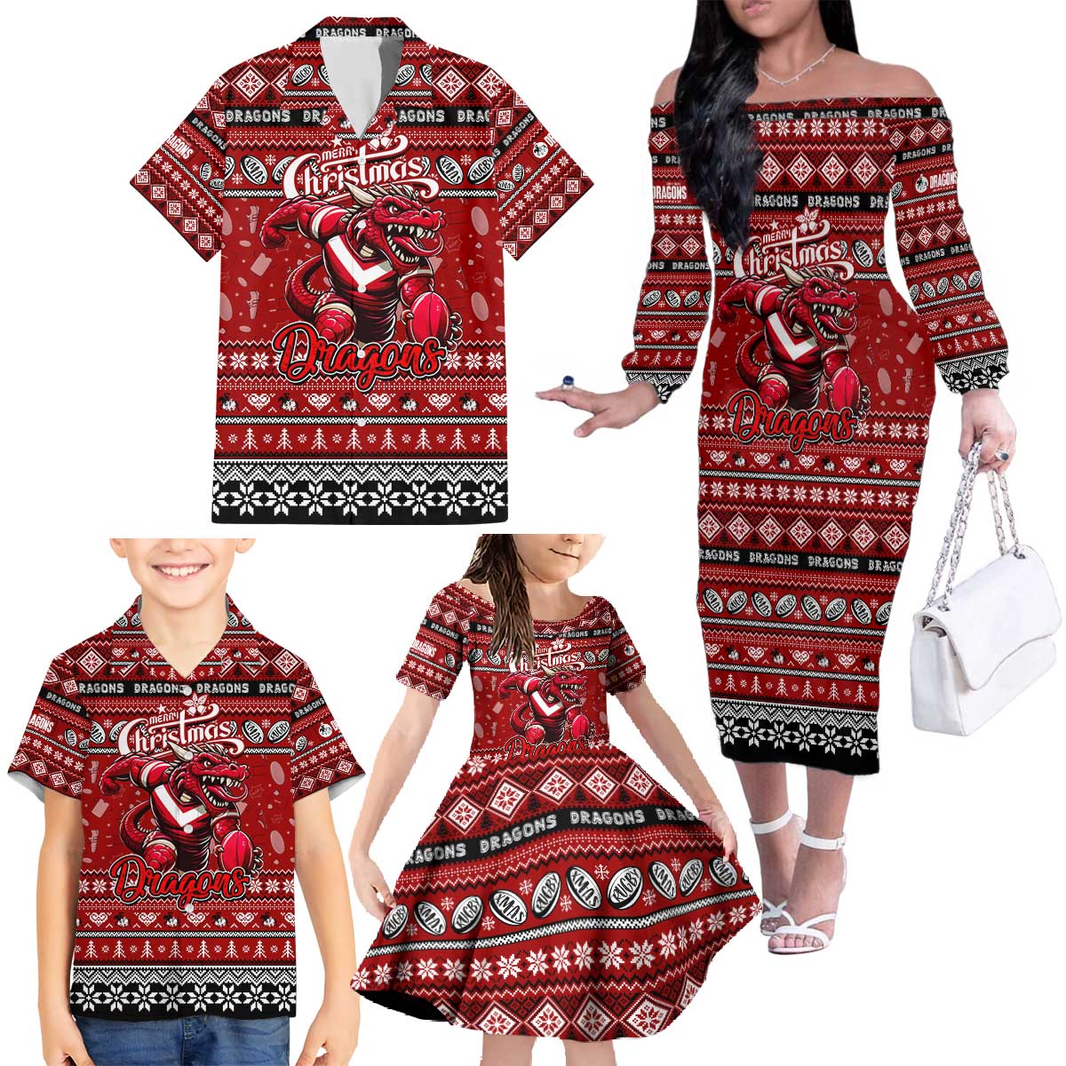 Personalized Dragons Rugby Xmas Family Matching Off The Shoulder Long Sleeve Dress and Hawaiian Shirt Australia NRL Mascot
