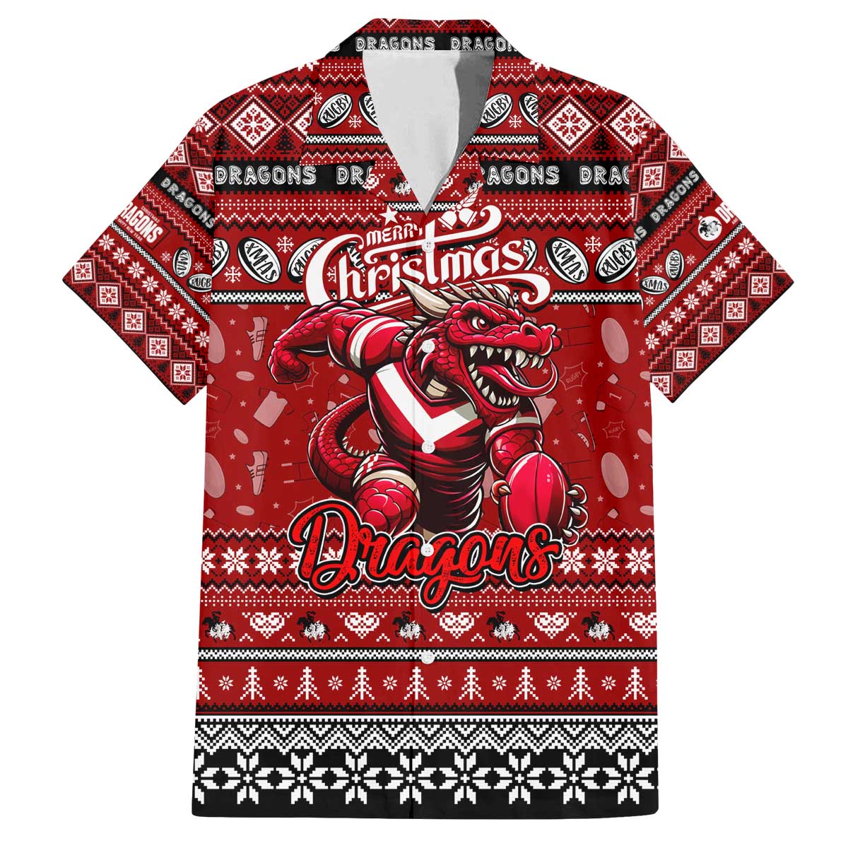 Personalized Dragons Rugby Xmas Family Matching Off The Shoulder Long Sleeve Dress and Hawaiian Shirt Australia NRL Mascot