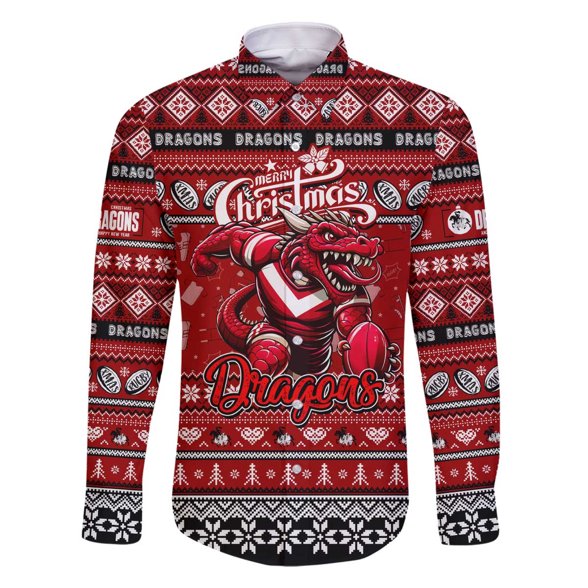 Personalized Dragons Rugby Xmas Family Matching Off The Shoulder Long Sleeve Dress and Hawaiian Shirt Australia NRL Mascot