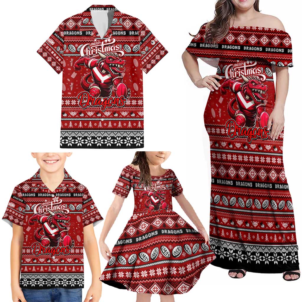 Personalized Dragons Rugby Xmas Family Matching Off Shoulder Maxi Dress and Hawaiian Shirt Australia NRL Mascot