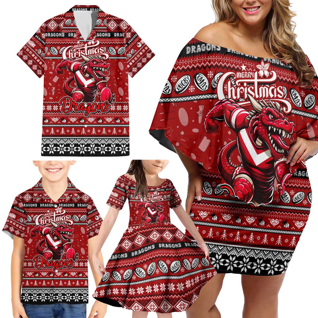 Personalized Dragons Rugby Xmas Family Matching Off Shoulder Short Dress and Hawaiian Shirt Australia NRL Mascot