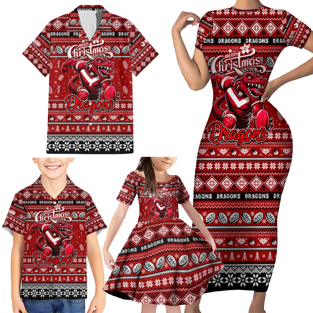 Personalized Dragons Rugby Xmas Family Matching Short Sleeve Bodycon Dress and Hawaiian Shirt Australia NRL Mascot