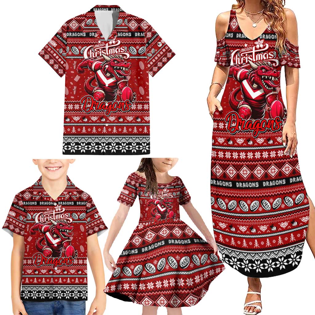 Personalized Dragons Rugby Xmas Family Matching Summer Maxi Dress and Hawaiian Shirt Australia NRL Mascot