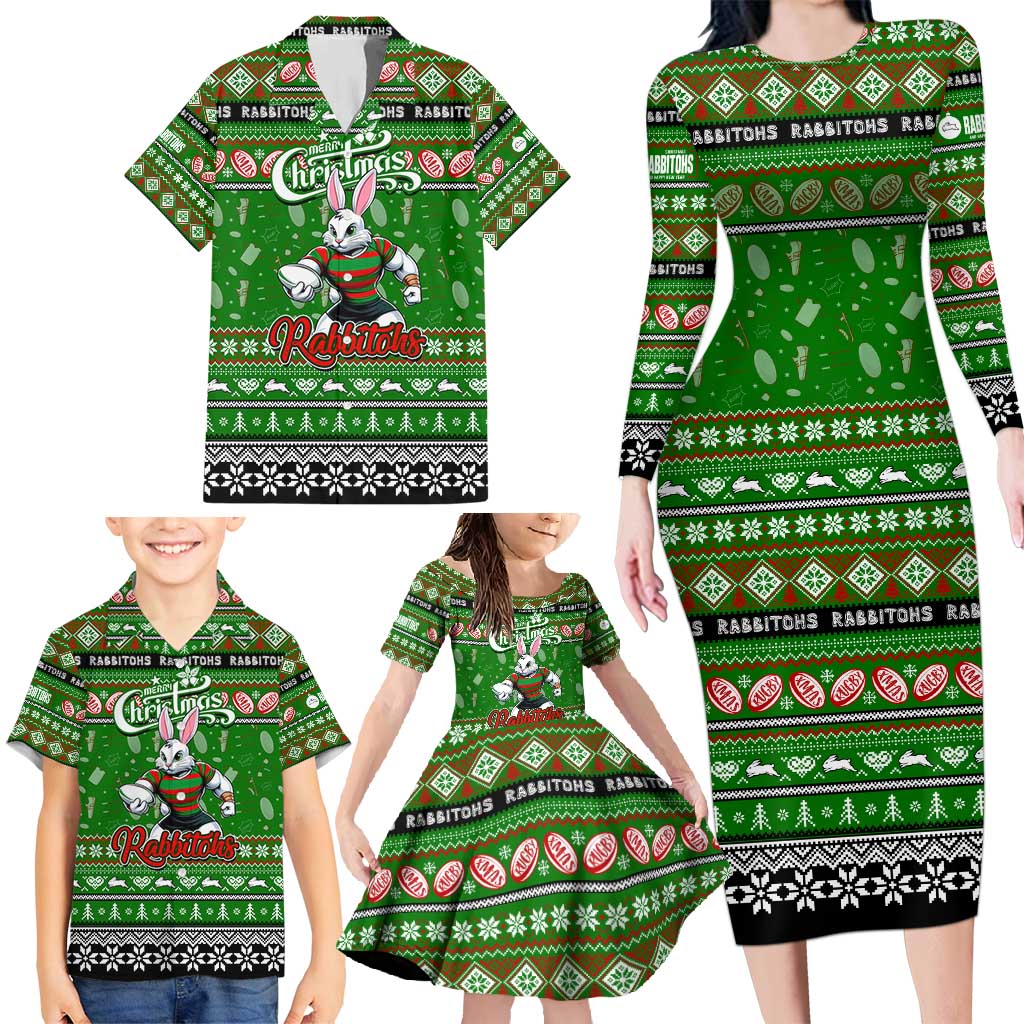 Personalized Rabbitohs Rugby Xmas Family Matching Long Sleeve Bodycon Dress and Hawaiian Shirt Australia NRL Mascot