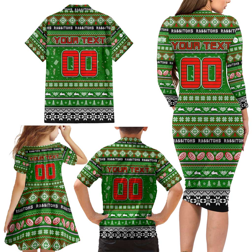 Personalized Rabbitohs Rugby Xmas Family Matching Long Sleeve Bodycon Dress and Hawaiian Shirt Australia NRL Mascot