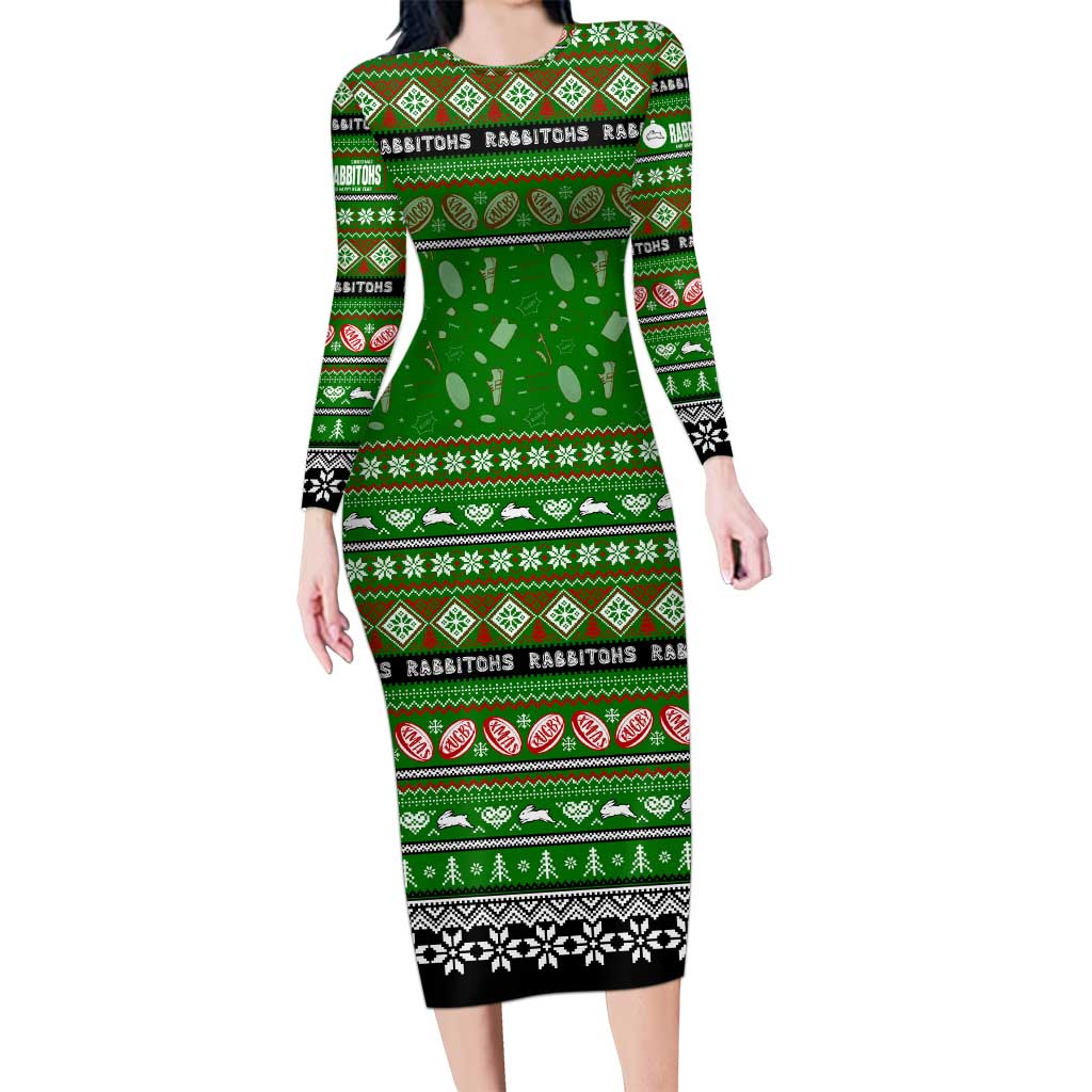 Personalized Rabbitohs Rugby Xmas Family Matching Long Sleeve Bodycon Dress and Hawaiian Shirt Australia NRL Mascot
