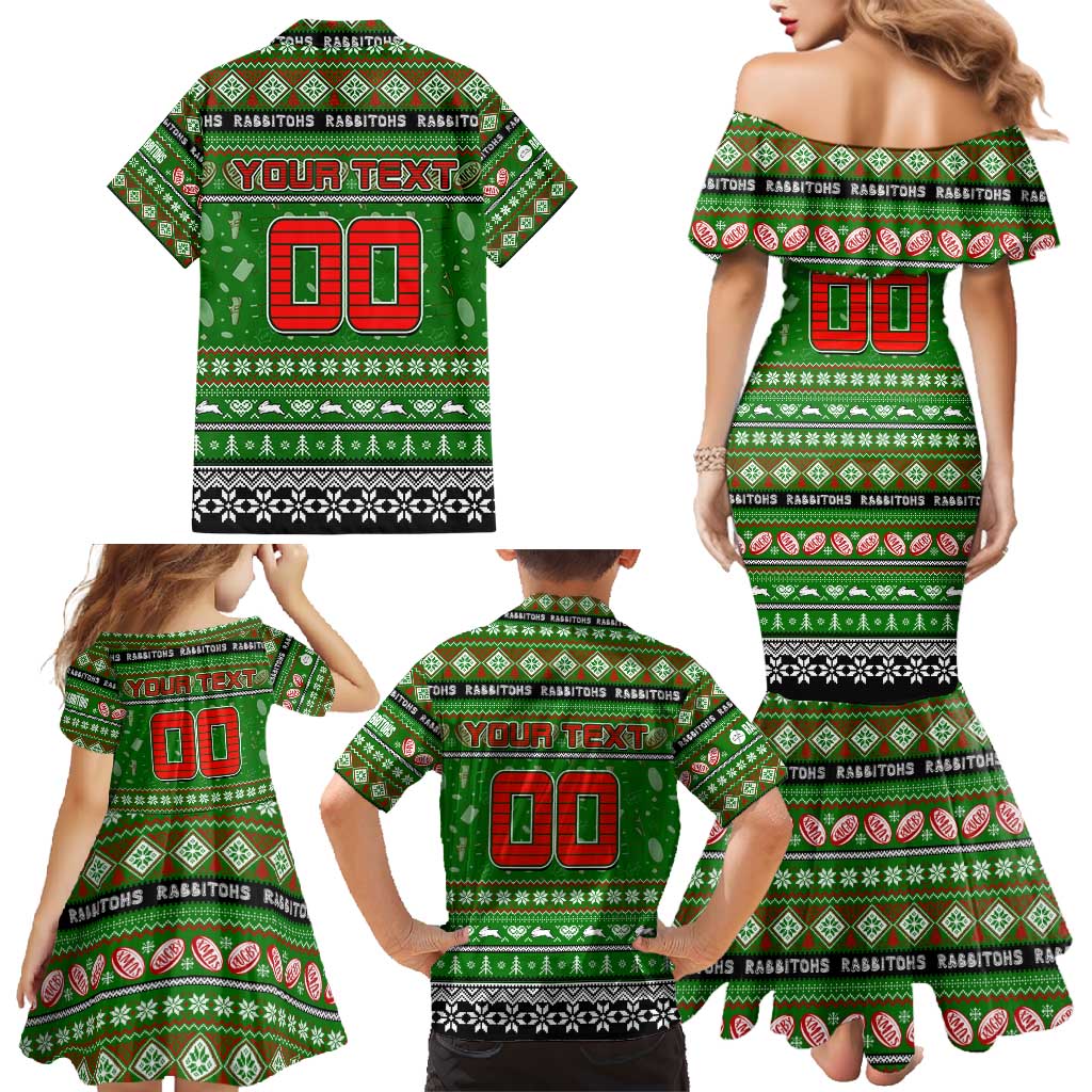 Personalized Rabbitohs Rugby Xmas Family Matching Mermaid Dress and Hawaiian Shirt Australia NRL Mascot