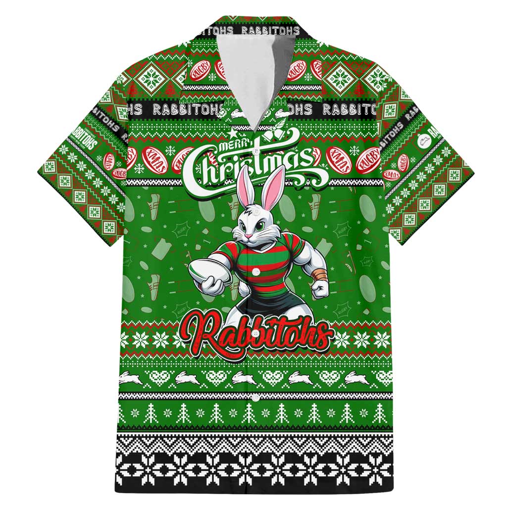Personalized Rabbitohs Rugby Xmas Family Matching Mermaid Dress and Hawaiian Shirt Australia NRL Mascot