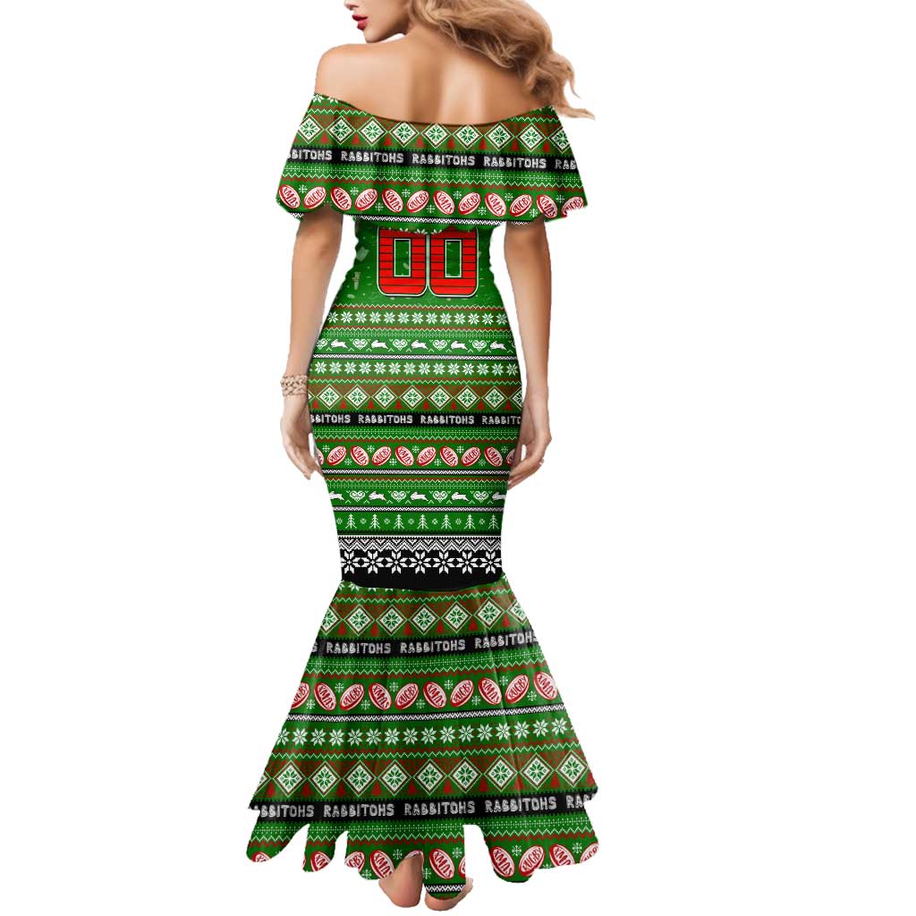 Personalized Rabbitohs Rugby Xmas Family Matching Mermaid Dress and Hawaiian Shirt Australia NRL Mascot